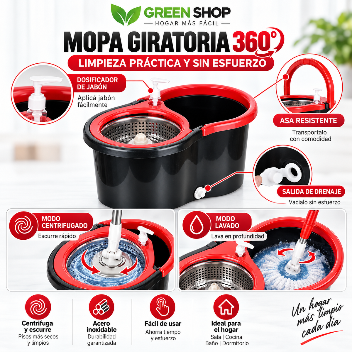 Mopa Giratoria 360° con Balde de Cesta Inoxidable - imagen 5