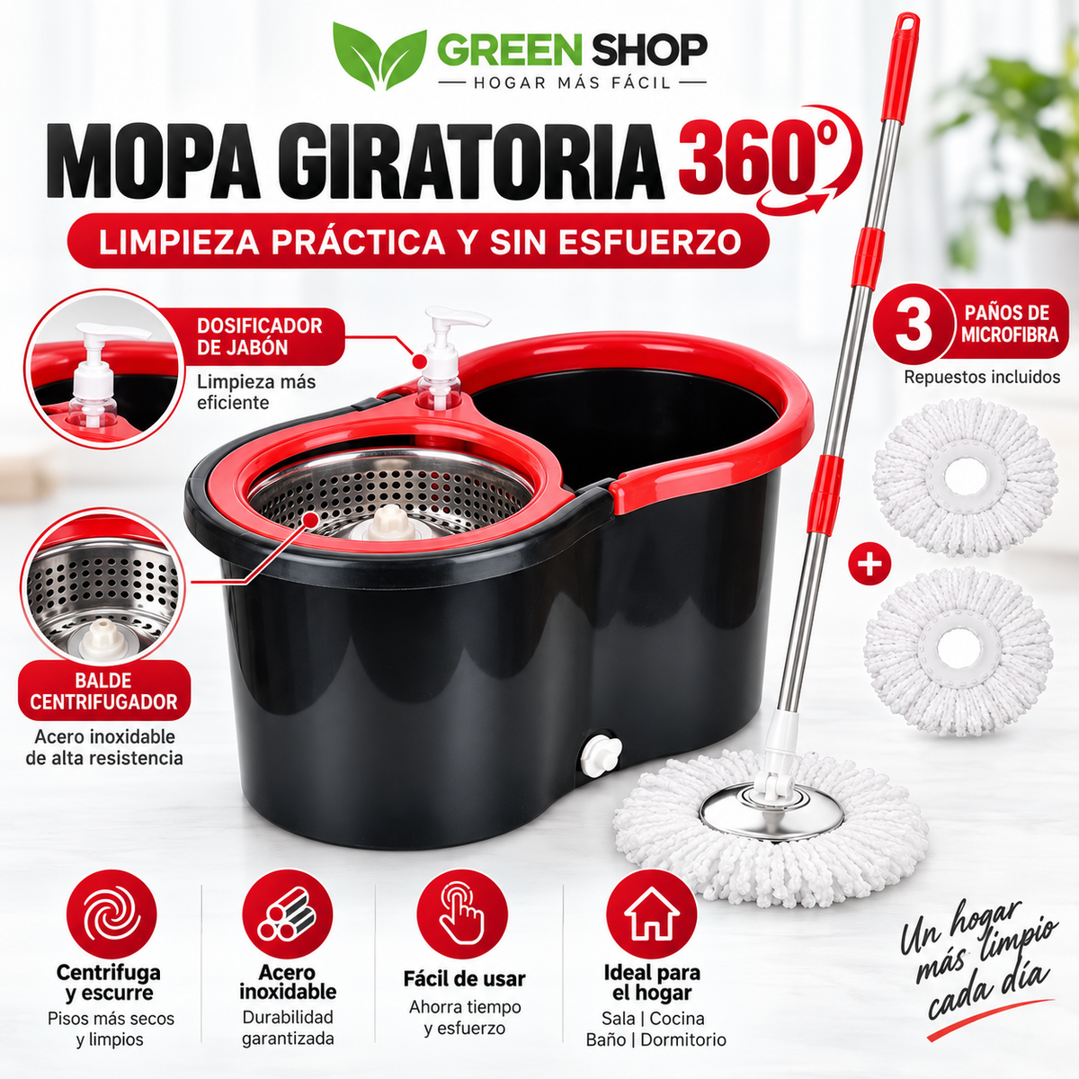 Mopa Giratoria 360° con Balde de Cesta Inoxidable - imagen 1
