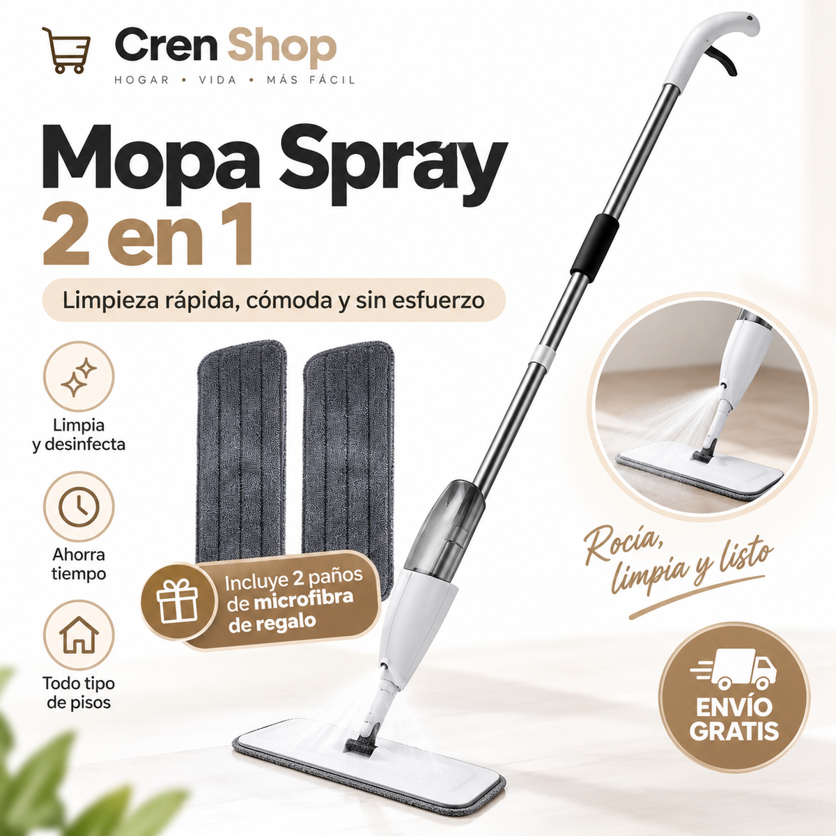 Mopa Plana Giratoria con Spray y Paños Reutilizables - imagen 3